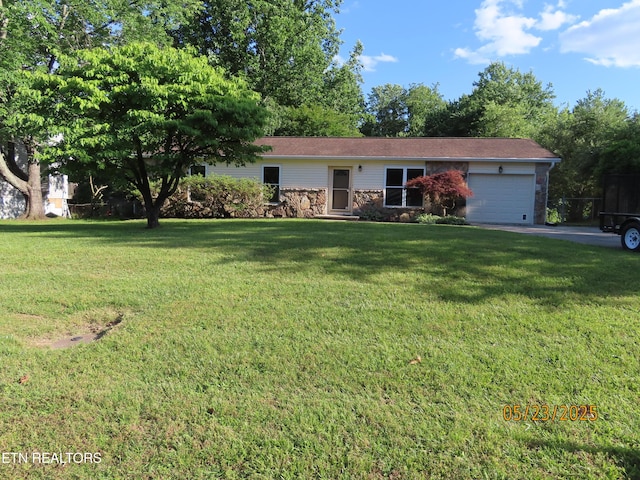 5820 Rockwood Ln, Knoxville, TN 37921 - ranch-style home with an attached garage, stone siding, and a front lawn
