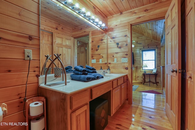 1127 Oak Ct, Gatlinburg, TN 37738 - bathroom featuring wooden ceiling, wood walls, vanity, hardwood / wood-style floors, and vaulted ceiling