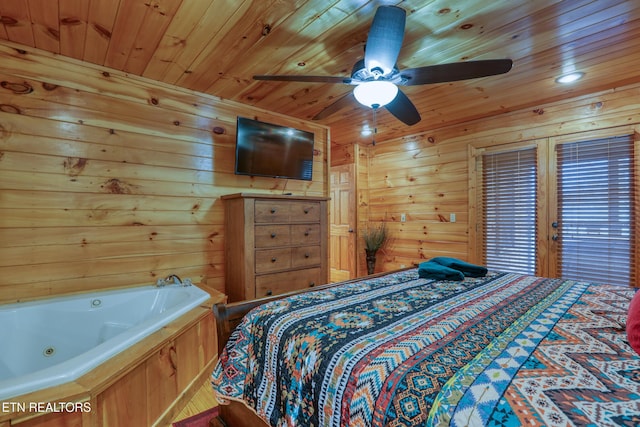1127 Oak Ct, Gatlinburg, TN 37738 - bedroom featuring wood ceiling, wood walls, and ceiling fan