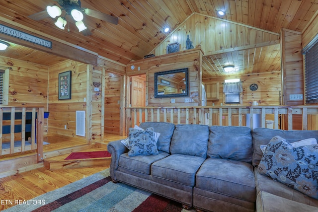 1127 Oak Ct, Gatlinburg, TN 37738 - living area with ceiling fan, wood finished floors, wood walls, lofted ceiling, and wooden ceiling