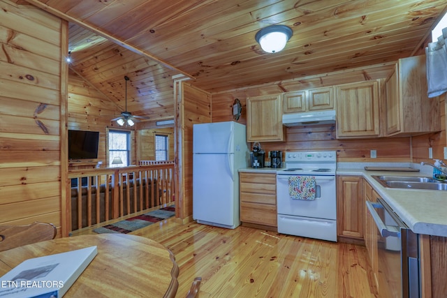 1127 Oak Ct, Gatlinburg, TN 37738 - kitchen featuring white appliances, a sink, wooden ceiling, light countertops, and under cabinet range hood