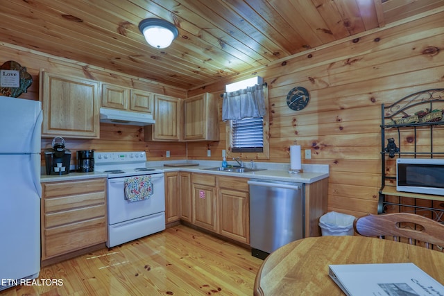 1127 Oak Ct, Gatlinburg, TN 37738 - kitchen with white appliances, under cabinet range hood, light brown cabinetry, light countertops, and light wood-style flooring