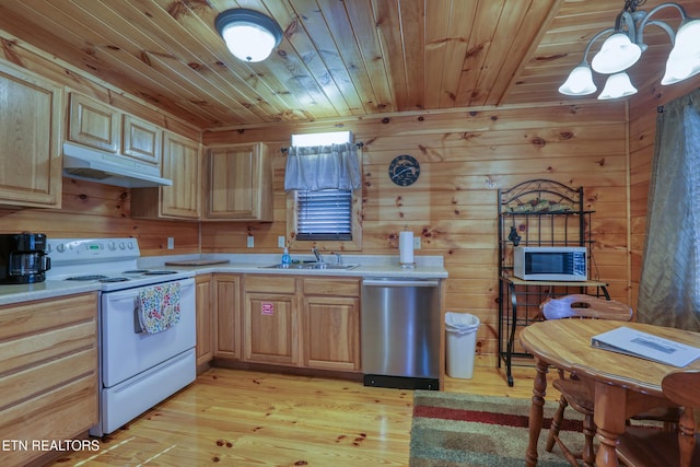1127 Oak Ct, Gatlinburg, TN 37738 - kitchen featuring white appliances, under cabinet range hood, a sink, wood ceiling, and light countertops
