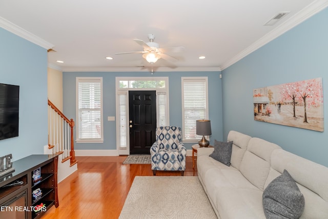 1101 Main St Unit 19, Loudon, TN 37774 - living area featuring stairs, light wood-style floors, recessed lighting, ceiling fan, and ornamental molding