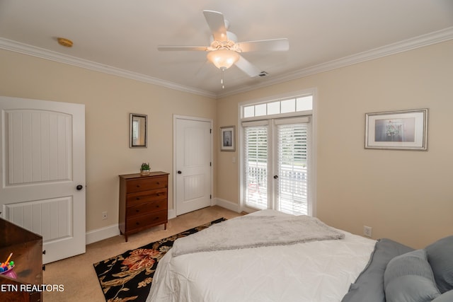 1101 Main St Unit 19, Loudon, TN 37774 - bedroom with light carpet, crown molding, access to outside, and a ceiling fan