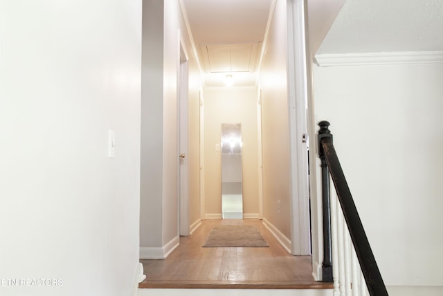 109 Cumberland View Dr, Oak Ridge, TN 37830 - hallway featuring attic access, ornamental molding, wood-type flooring, and baseboards