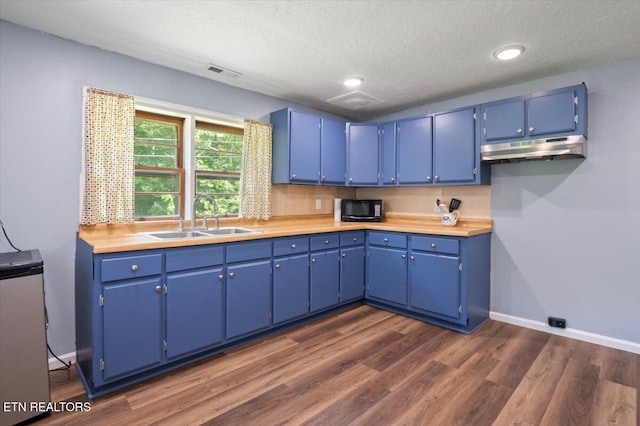 147 Cove Hollow Rd, Lafollette, TN 37766 - kitchen featuring under cabinet range hood, black microwave, blue cabinets, a sink, and dark wood finished floors
