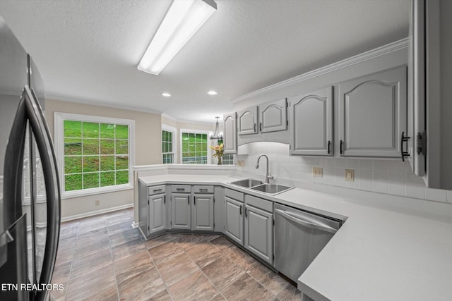 2819 Dee Peppers Dr, Knoxville, TN 37931 - kitchen featuring freestanding refrigerator, gray cabinetry, stainless steel dishwasher, a sink, and a peninsula