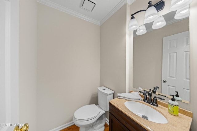 2819 Dee Peppers Dr, Knoxville, TN 37931 - half bathroom with crown molding, toilet, vanity, baseboards, and wood finished floors