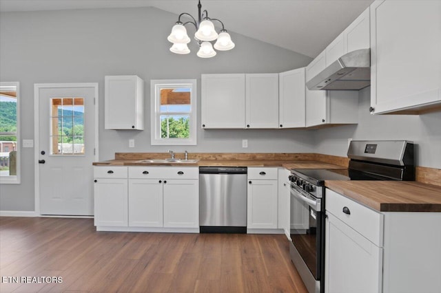708 E Elm St, Lafollette, TN 37766 - kitchen with appliances with stainless steel finishes, a sink, under cabinet range hood, vaulted ceiling, and wood finished floors
