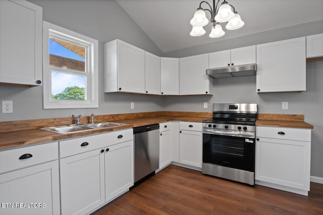 708 E Elm St, Lafollette, TN 37766 - kitchen with appliances with stainless steel finishes, under cabinet range hood, wood counters, lofted ceiling, and a sink