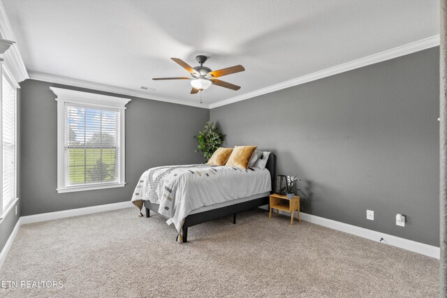 1017 Brighton Dr, Alcoa, TN 37701 - bedroom featuring ornamental molding, baseboards, carpet flooring, and a ceiling fan
