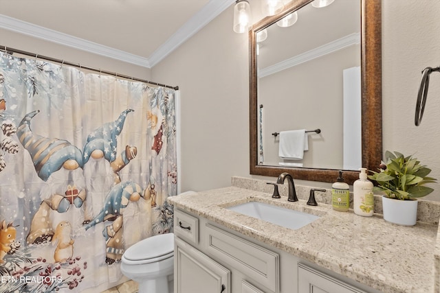 1017 Brighton Dr, Alcoa, TN 37701 - bathroom featuring vanity, crown molding, toilet, and a shower with shower curtain