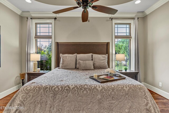 211 Cool Springs Blvd, Knoxville, TN 37934 - bedroom featuring baseboards, crown molding, wood finished floors, recessed lighting, and a ceiling fan