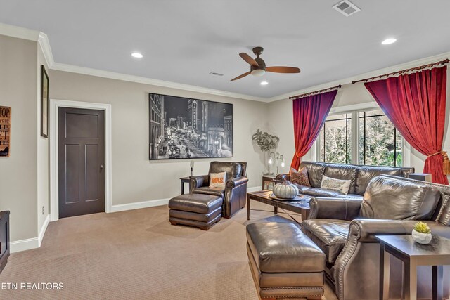 211 Cool Springs Blvd, Knoxville, TN 37934 - living room featuring a ceiling fan, baseboards, ornamental molding, recessed lighting, and carpet floors