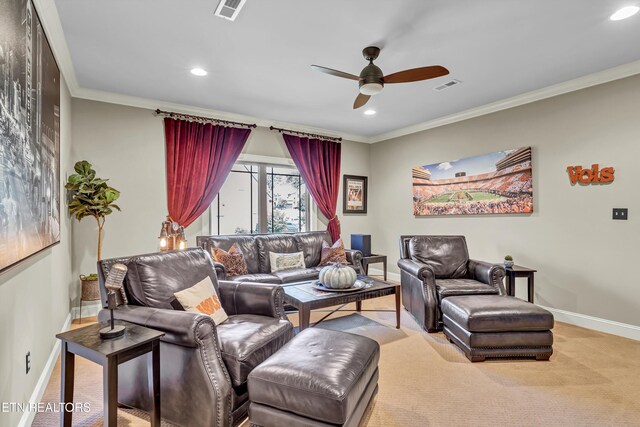 211 Cool Springs Blvd, Knoxville, TN 37934 - living room with a ceiling fan, carpet, recessed lighting, baseboards, and crown molding