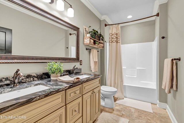 211 Cool Springs Blvd, Knoxville, TN 37934 - full bathroom featuring crown molding, toilet, double vanity, shower / bath combo with shower curtain, and stone finish flooring