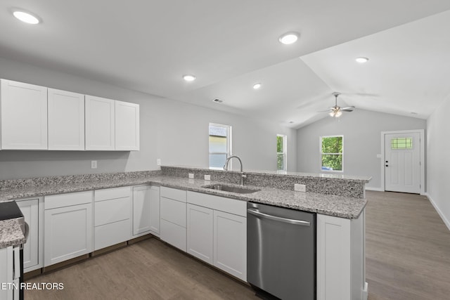 1219 NW Dakota Ave, Knoxville, TN 37921 - kitchen featuring dishwasher, a sink, a peninsula, dark wood-style flooring, and vaulted ceiling