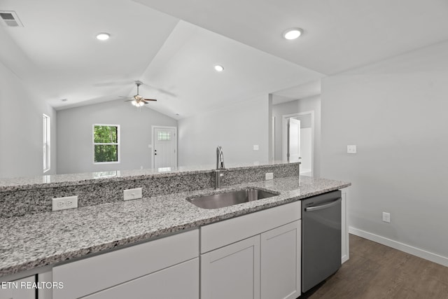 1219 NW Dakota Ave, Knoxville, TN 37921 - kitchen featuring dishwasher, a sink, ceiling fan, dark wood-style floors, and lofted ceiling