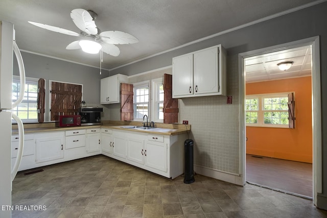 883 Old Harriman Hwy, Harriman, TN 37748 - kitchen featuring a sink, ornamental molding, plenty of natural light, white cabinetry, and a ceiling fan