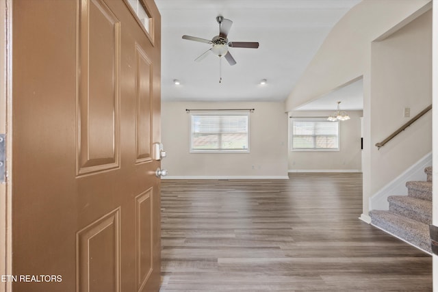 9934 Thunderbolt Way, Knoxville, TN 37923 - foyer featuring a ceiling fan, a chandelier, wood finished floors, stairway, and vaulted ceiling