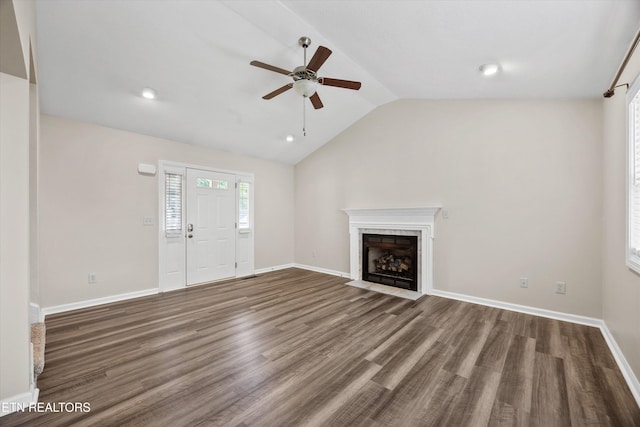 9934 Thunderbolt Way, Knoxville, TN 37923 - unfurnished living room featuring a ceiling fan, lofted ceiling, a premium fireplace, wood finished floors, and baseboards