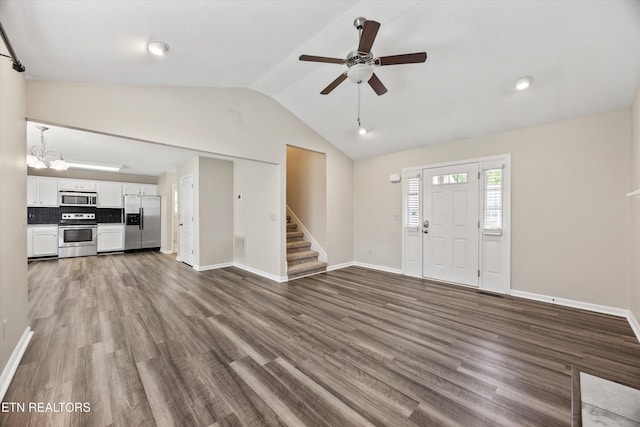 9934 Thunderbolt Way, Knoxville, TN 37923 - unfurnished living room featuring stairs, ceiling fan, wood finished floors, lofted ceiling, and baseboards