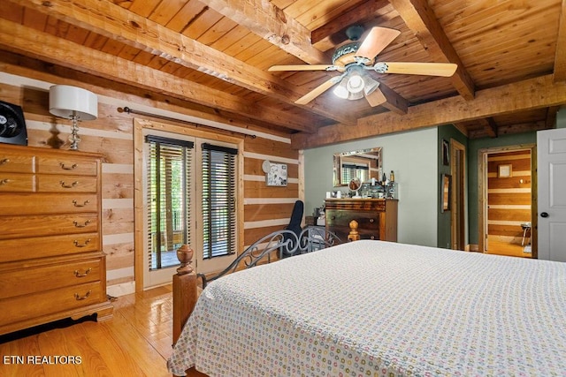257 Copenhaver Rd, Lenoir City, TN 37771 - bedroom with wood ceiling with exposed beams, light wood-style flooring, and wood walls