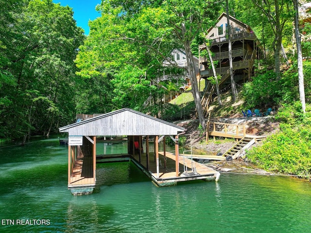 129 Bridgeview Ln, Lafollette, TN 37766 - dock area featuring a water view, stairway, and boat lift