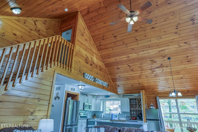 129 Bridgeview Ln, Lafollette, TN 37766 - kitchen featuring appliances with stainless steel finishes, wooden ceiling, wood walls, high vaulted ceiling, and a ceiling fan