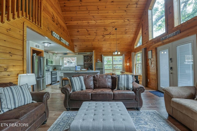 129 Bridgeview Ln, Lafollette, TN 37766 - living area featuring wooden walls, high vaulted ceiling, light wood-style flooring, and wood ceiling