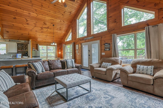 129 Bridgeview Ln, Lafollette, TN 37766 - living area featuring high vaulted ceiling, wooden ceiling, wooden walls, light wood finished floors, and ceiling fan