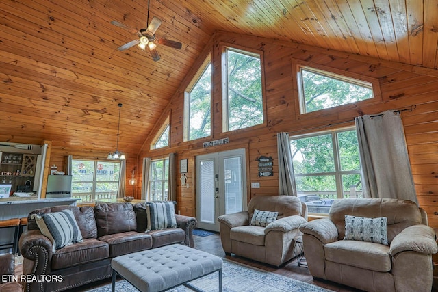 129 Bridgeview Ln, Lafollette, TN 37766 - living area with high vaulted ceiling, wooden walls, healthy amount of natural light, wooden ceiling, and ceiling fan