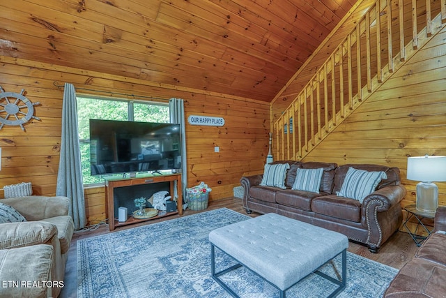 129 Bridgeview Ln, Lafollette, TN 37766 - living room featuring wood walls, vaulted ceiling, wood finished floors, and wood ceiling