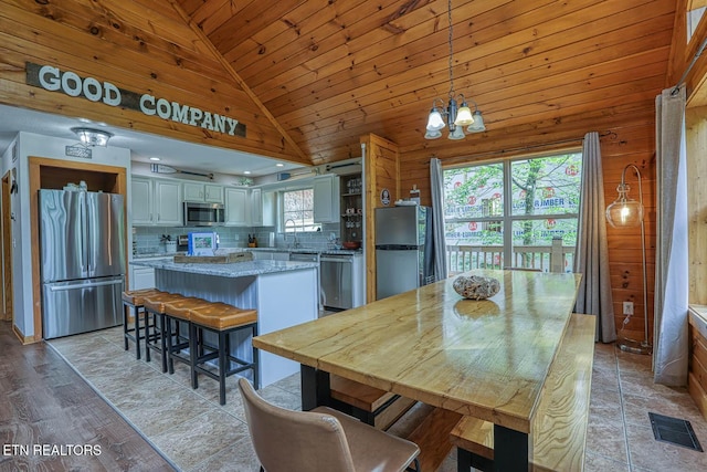 129 Bridgeview Ln, Lafollette, TN 37766 - dining room featuring lofted ceiling, wood walls, wooden ceiling, a chandelier, and light wood-type flooring