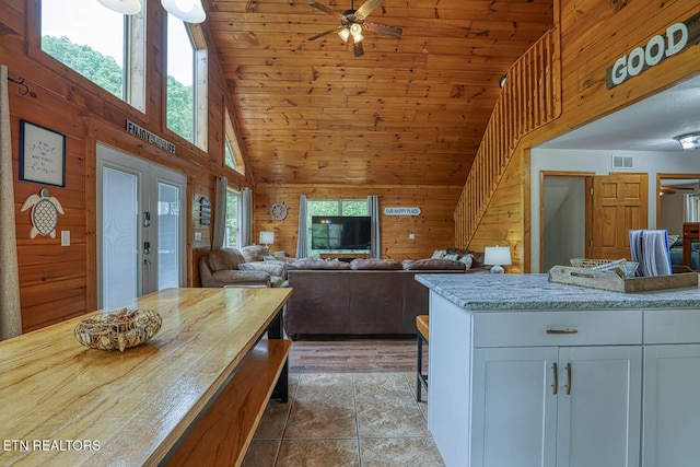 129 Bridgeview Ln, Lafollette, TN 37766 - kitchen featuring wooden walls, ceiling fan, butcher block counters, white cabinetry, and high vaulted ceiling