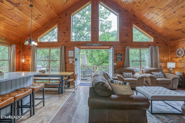 129 Bridgeview Ln, Lafollette, TN 37766 - living area featuring high vaulted ceiling, wood walls, wood ceiling, wood-type flooring, and a chandelier