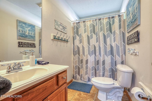 129 Bridgeview Ln, Lafollette, TN 37766 - full bathroom with toilet, vanity, a textured ceiling, tile patterned flooring, and curtained shower