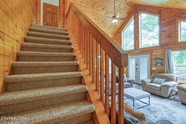 129 Bridgeview Ln, Lafollette, TN 37766 - stairway featuring wooden walls, high vaulted ceiling, ceiling fan, wood ceiling, and wood finished floors