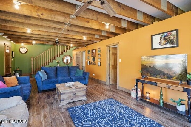 6131 Happy Valley Loop, Tallassee, TN 37878 - living area with stairway, wood finished floors, beam ceiling, baseboards, and ceiling fan