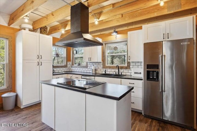6131 Happy Valley Loop, Tallassee, TN 37878 - kitchen with high end fridge, island range hood, a sink, black electric stovetop, and dark countertops
