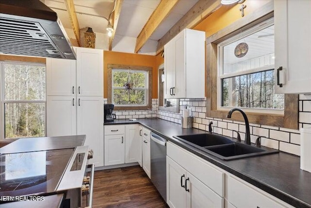 6131 Happy Valley Loop, Tallassee, TN 37878 - kitchen with stainless steel dishwasher, a sink, exhaust hood, dark countertops, and beam ceiling