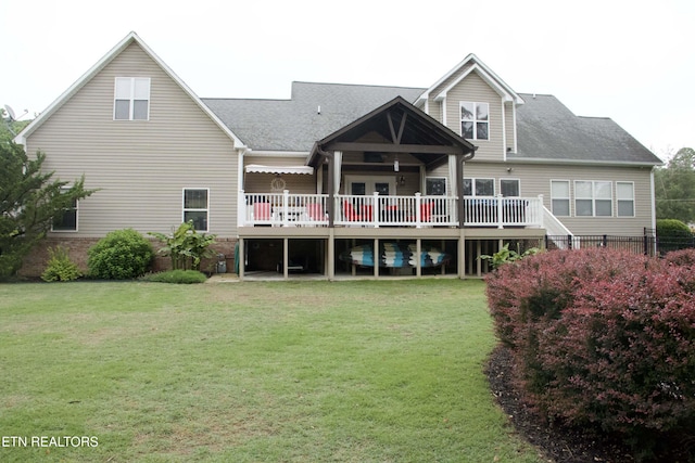 120 Lakeside Dr, Kingston, TN 37763 - back of house featuring a wooden deck, a lawn, a shingled roof, and french doors
