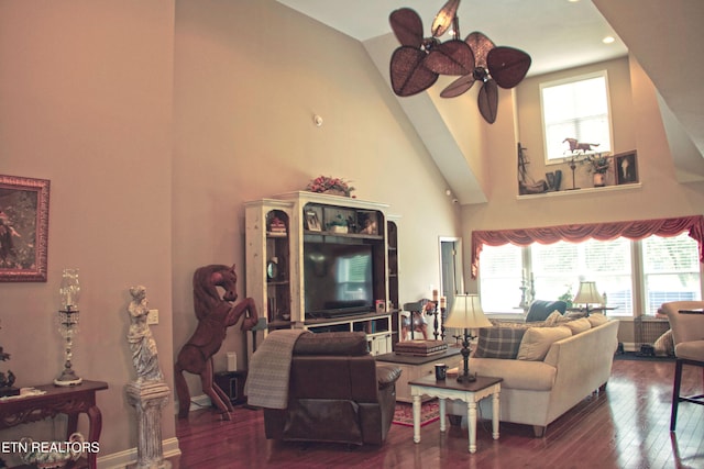 120 Lakeside Dr, Kingston, TN 37763 - living room with ceiling fan, high vaulted ceiling, wood-type flooring, and recessed lighting