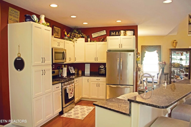 120 Lakeside Dr, Kingston, TN 37763 - kitchen featuring stainless steel appliances, recessed lighting, dark wood-style floors, a kitchen bar, and white cabinets
