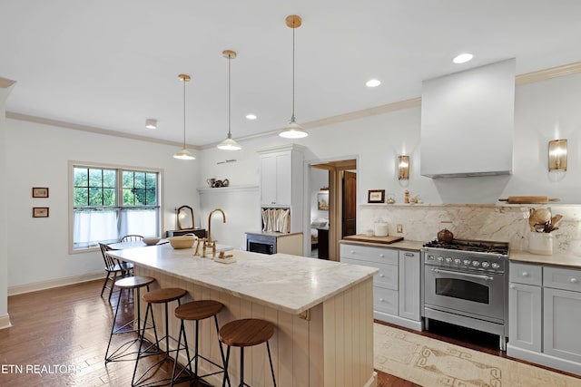 2811 Pleasant View Ave, Maryville, TN 37803 - kitchen featuring high end stove, exhaust hood, tasteful backsplash, a kitchen bar, and wood-type flooring