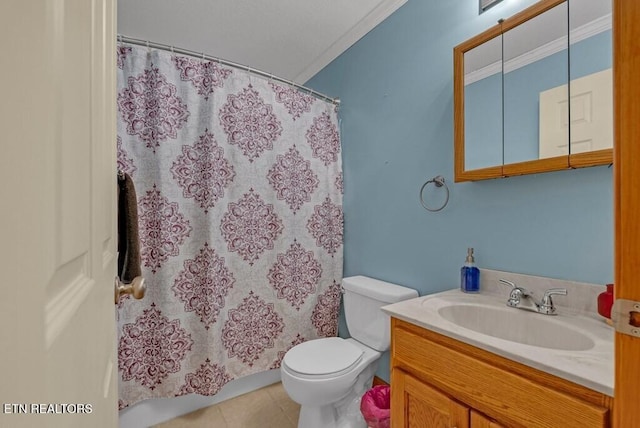 108 W Bobcat Ln, Wilder, TN 38589 - bathroom featuring vanity, toilet, tile patterned flooring, a shower with curtain, and ornamental molding