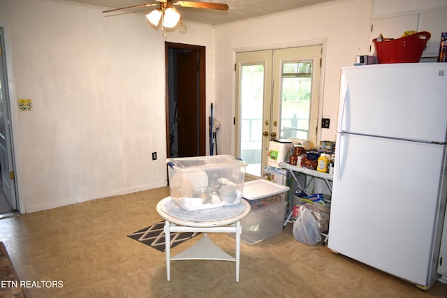 106 Walnut St, New Tazewell, TN 37825 - kitchen featuring freestanding refrigerator, ornamental molding, tile patterned floors, a ceiling fan, and french doors