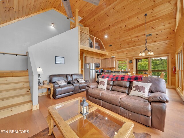 1027 Leslie Way, Sevierville, TN 37876 - living room with high vaulted ceiling, wooden ceiling, light wood-style flooring, stairs, and a chandelier