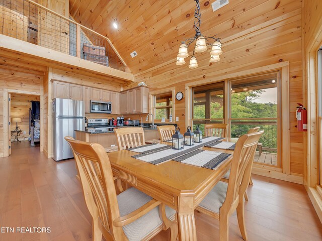 1027 Leslie Way, Sevierville, TN 37876 - dining space featuring wooden walls, high vaulted ceiling, light wood-style floors, wooden ceiling, and a chandelier